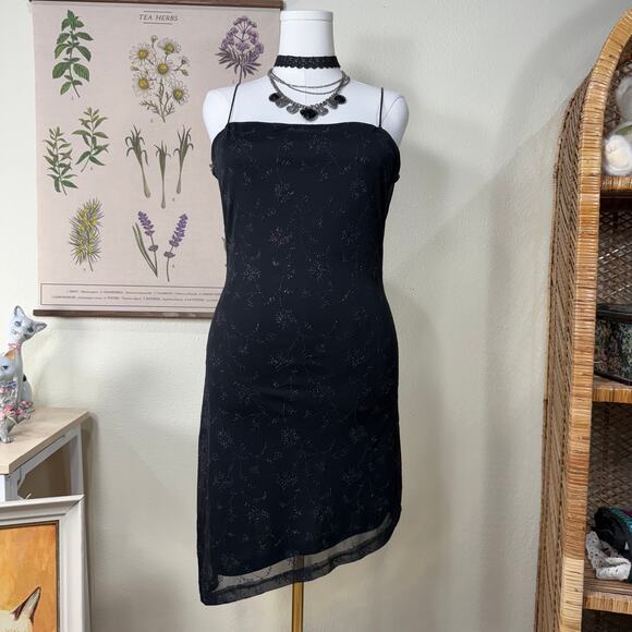 Vintage 90s Y2k Mesh Floral Glitter Dress Whimsigoth Dark Fairy Romantic Goth L - Picture 1 of 7